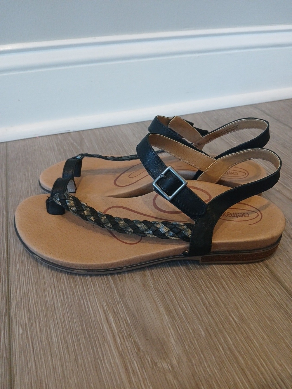 Aetrex Comfort Braided Black Leather Women's Sandals Size 9 -9.5